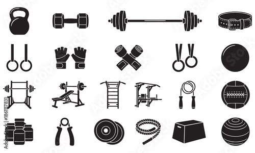 Gym and Fitness Equipment Icons. Vector Silhouette Set of Workout Gear and Bodybuilding Machines