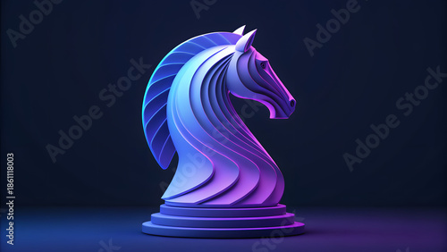 Abstract 3D Chess Knight in Blue Purple Gradient, Strategy Concept, Modern Windows 11 Wallpaper Background