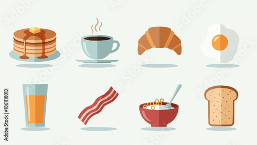 Collection of delicious breakfast food items and drinks.