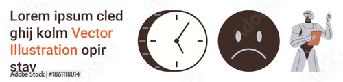 Time management, emotional expression, AI evolution, facial emotions, robotics, futuristic concepts. A clock, sad face and robot figure . Time management and emotional expression concepts
