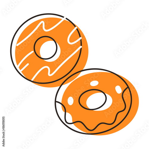 Two stylized orange donuts with icing and toppings  