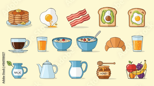 Collection of delicious breakfast food items and drinks.