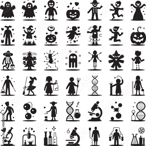 Black silhouettes of Halloween characters and science icons on white background