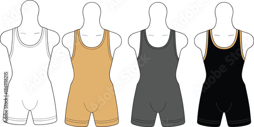 Vector Flat Technical Sketch of Men Wrestling Singlet in Four Colors Fashion Template for Sports Wear Design Tech Pack Mockup