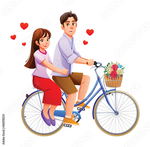 Young couple in love riding bicycle with flower basket and floating hearts. Vector cartoon character illustration