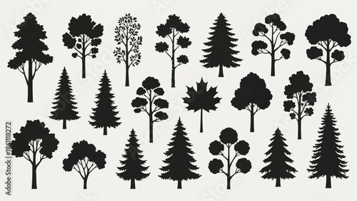 Collection of diverse tree silhouettes isolated on white background.