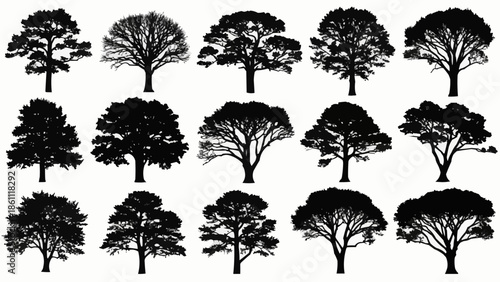 Collection of Diverse Tree Silhouettes Isolated on White Background.