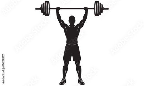 Strong Weightlifter Silhouette. Vector Illustration of Man Lifting Heavy Barbell Overhead