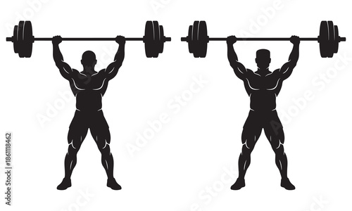 Twin Weightlifter Silhouettes. Vector Illustration of Strong Men Performing Overhead Barbell Press