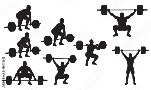 Weightlifting Men Silhouettes. Vector Set of Athletes Performing Deadlifts, Squats, and Overhead Presses