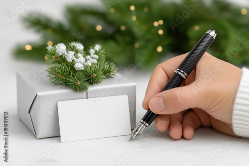 Hand holding fountain pen writes on blank card attached to silver gift box adorned with pine branches and small ornaments, set against festive background