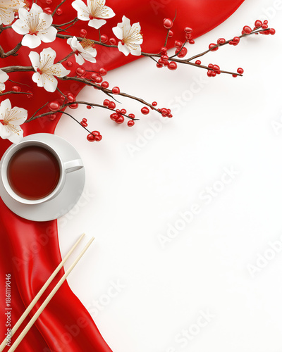 Cup of tea sits on white surface next to red silk fabric adorned with cherry blossoms and red berries, creating serene and elegant composition