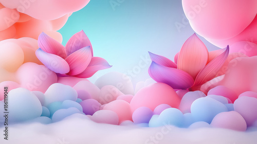 Colorful lotus flowers float among soft, pastel clouds, creating dreamy and serene atmosphere. vibrant pink and purple petals contrast beautifully with gentle blue and pink hues of clouds