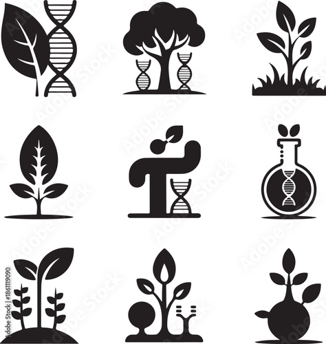 Genetic engineering and plant growth icons set