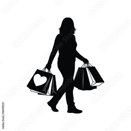 Stylish Woman Shopping with Heart-Printed Bag Silhouette