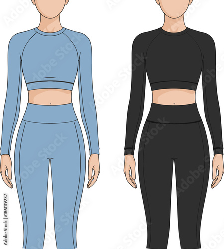 Women Activewear Yoga Set Technical Fashion Flat Sketch Illustration with Raglan Long Sleeve Crop Top and High Waist Compression Leggings Outfit