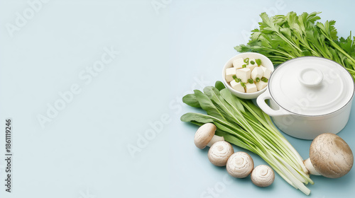 White pot with lid is surrounded by fresh vegetables including mushrooms, green onions, and parsley on light blue background, creating fresh and inviting culinary scene