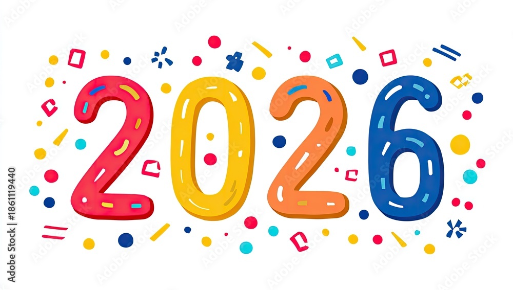 Fototapeta premium A vibrant, colorful illustration of the year 2026 with confetti and a white background