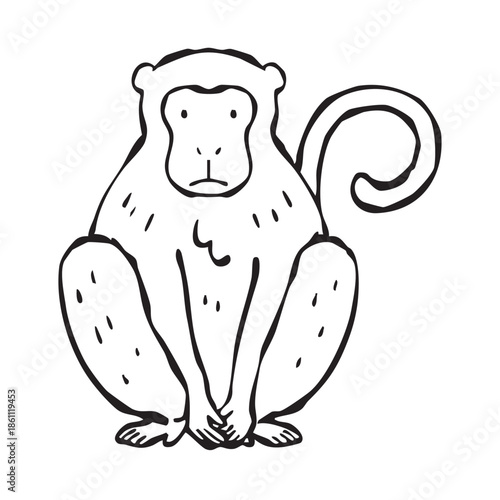 【線画】座っている猿　サル　さる