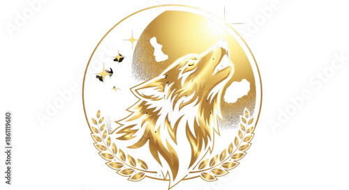 Golden Wolf Howling at Moon and Sun Symbolizing Power, Success, and Ambition for Branding and Design