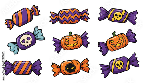 Flat cartoon Halloween candy vector set with decorative wrappers isolated on white background