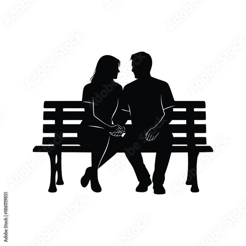 Romantic Silhouette of Couple on Bench in Love