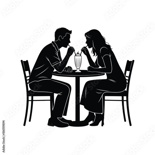 Romantic Silhouette of Couple Sharing Milkshake at Cafe