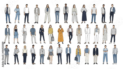 Diverse group of people standing together in various poses and outfits