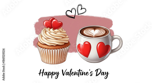Happy Valentine's Day Cupcake and Coffee Mug with Hearts Sweet Romantic Holiday Celebration Design