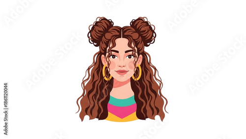 Illustration of a young woman with curly hair and colorful clothing standing against a white background