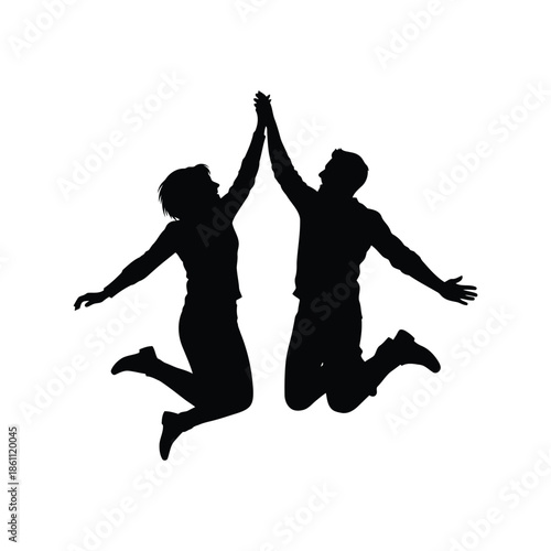 Joyful Silhouette of Celebrating Couple Jumping High Together