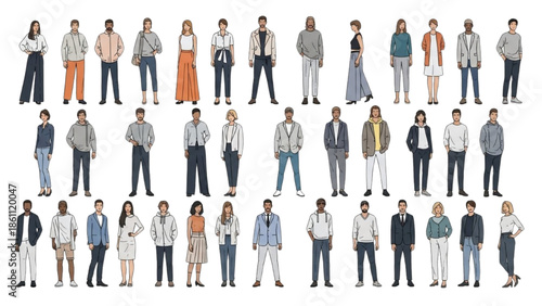 Diverse group of people standing together in various attire and poses against a white background