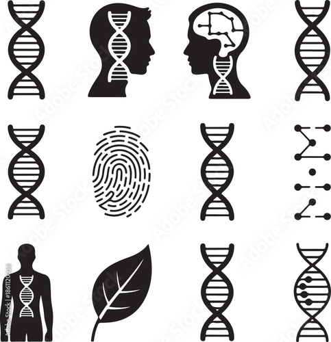 Black and white genetic and biological symbols and icons on white background