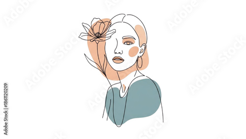 A serene woman holding a flower, gazing forward with a soft expression