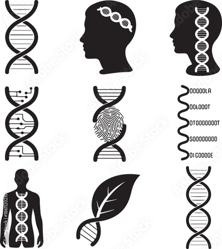 Genetic and digital technology icons with DNA and binary code symbols