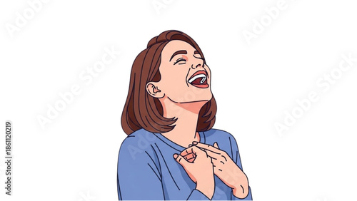 A woman is singing with passion and energy, her hands on her chest, in a simple illustration style, viewed from the front.