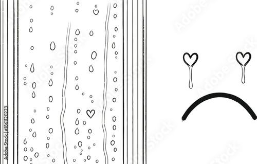 Abstract minimalist drawing depicting rain droplets on glass juxtaposed with a simple sad face crying heart shaped tears, capturing melancholy.