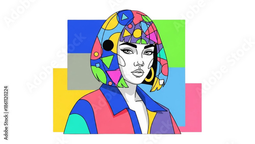 Vibrant illustration of a woman wearing a colorful helmet against a multicolored background