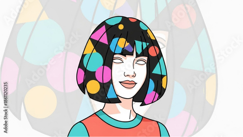 A serene woman with a colorful geometric hairstyle standing in a minimalist environment viewed from the front