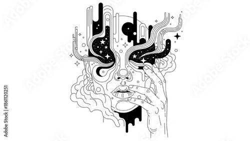 A face with abstract, swirling lines and shapes, illustrating emotions and thoughts in a surreal illustration from a frontal viewpoint