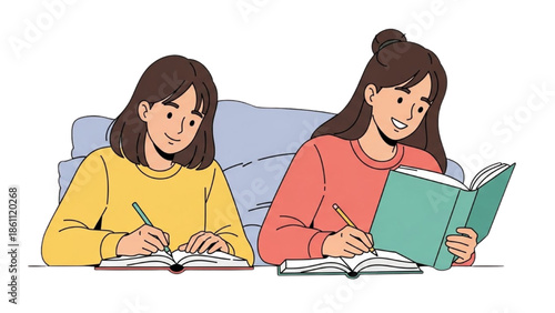 Two women studying together on a sofa with books and writing materials