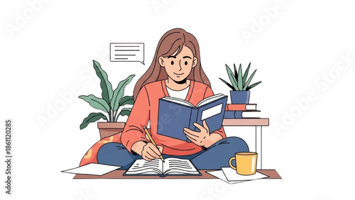 Young woman sitting on floor reading book surrounded by plants and notes