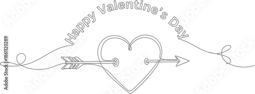 Minimalist continuous line drawing featuring an arrow piercing a heart shape with celebratory happy valentine's day text above