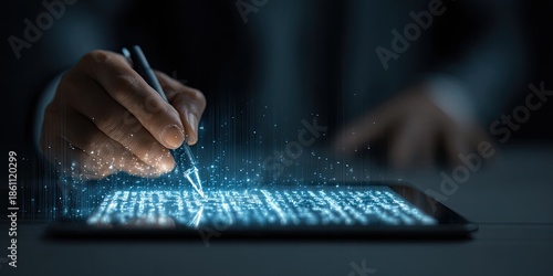 Close-up of hand holding a stylus above glowing tablet screen, with digital lines