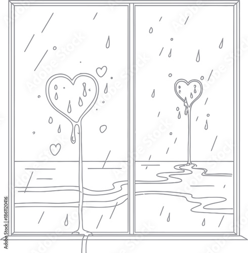 Artistic black and white illustration depicting two melting heart shapes formed by raindrops trickling down a window pane during a steady downpour outside