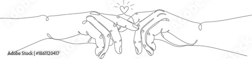 Minimalist continuous line art illustration depicts two hands gently connecting their pinky fingers forming a small glowing heart shape above them symbolizing connection and deep affection.