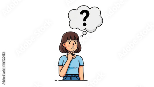 A thoughtful young woman contemplating with a question mark above her head in a simple illustration