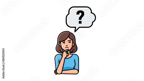 A woman thinking with a puzzled expression, contemplating an idea with a question mark above her head