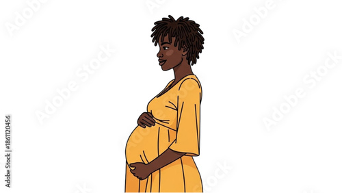 A pregnant woman stands alone in a bright environment, viewed from the side.
