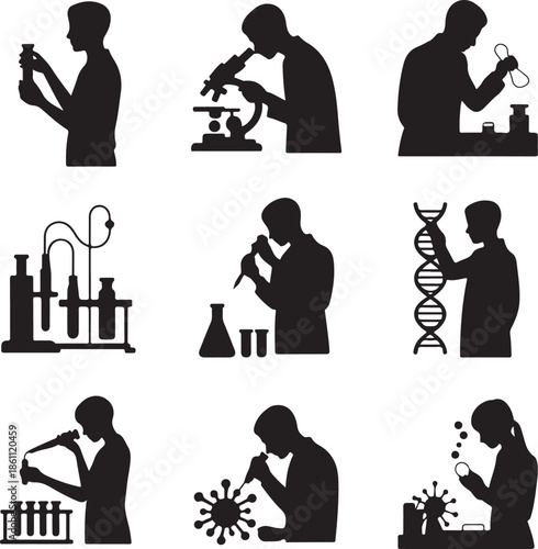 Silhouette of people working in laboratory with science equipment and virus